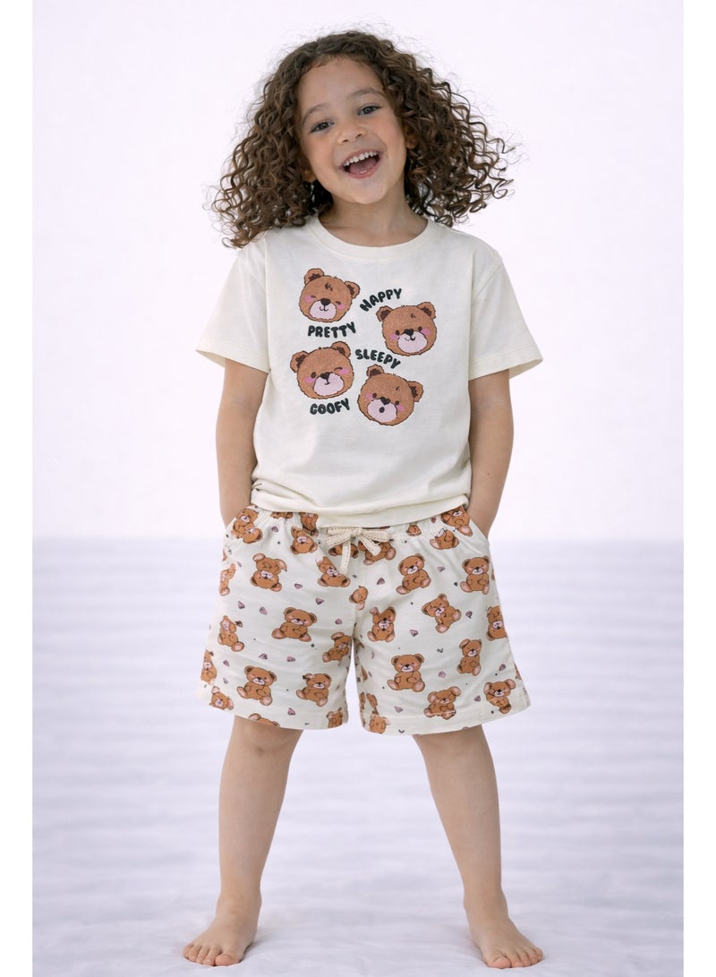 victor and jane Girls’ Pajama Set – Teddy Faces Graphic T-Shirt & All-Over Print Shorts - Image 1